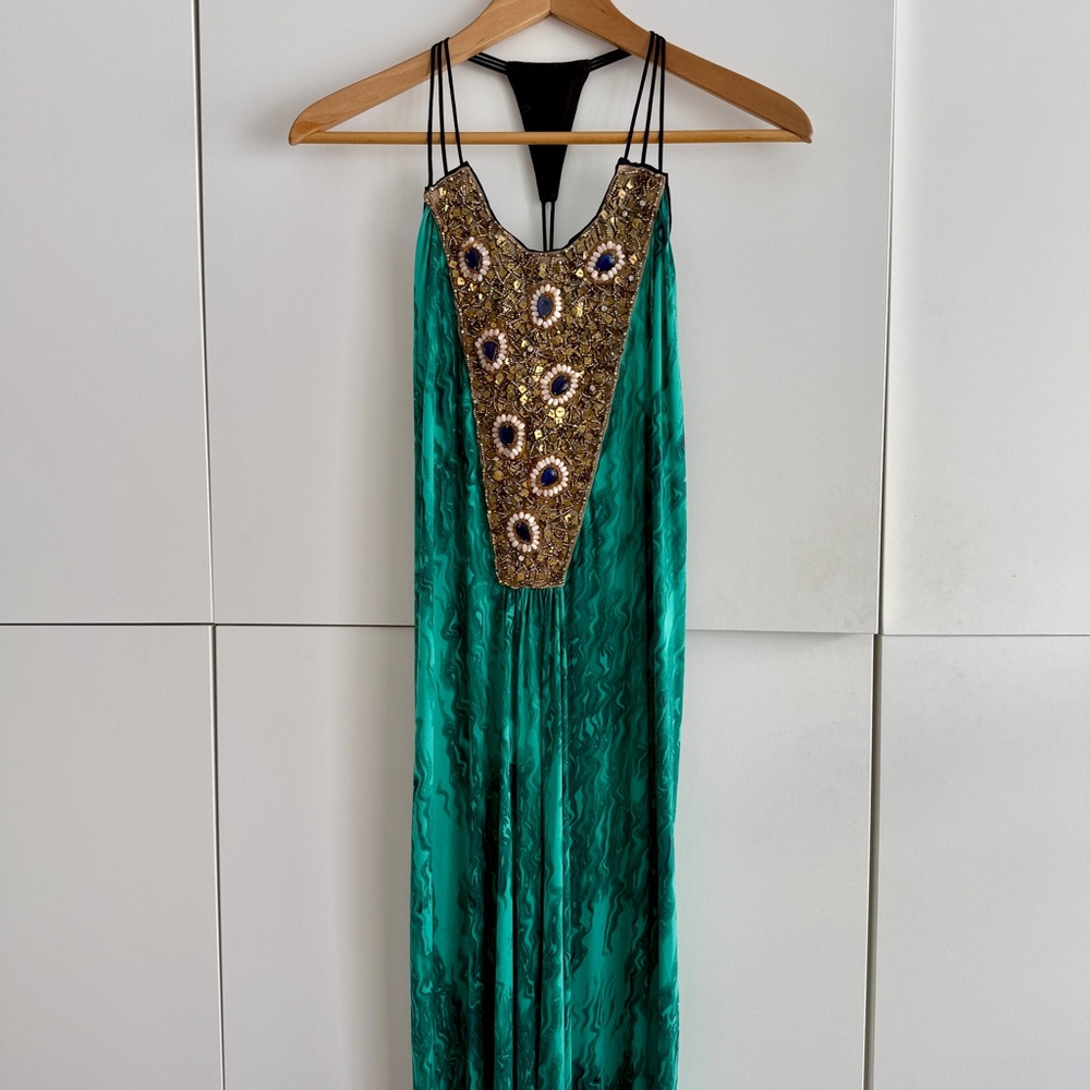 T-Bags Los Angeles Green Maxi Strappy Dress with Embellished Beaded Back Small